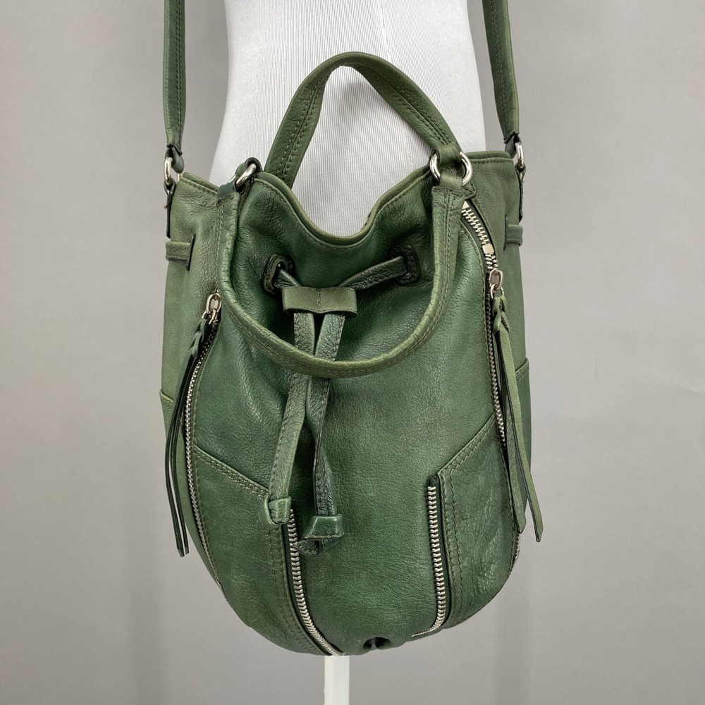 The Sak Green Leather Bucket Bag‎ Drawstring Crossbody Hobo Zipper
Accent